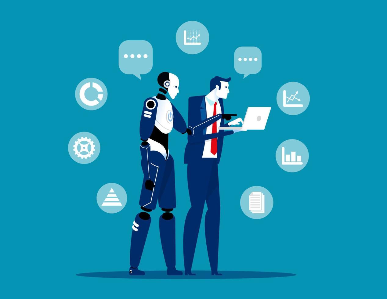 Robot and human working at office. Concept business artificial intelligence technology vector illustration, Human interactive tech interaction