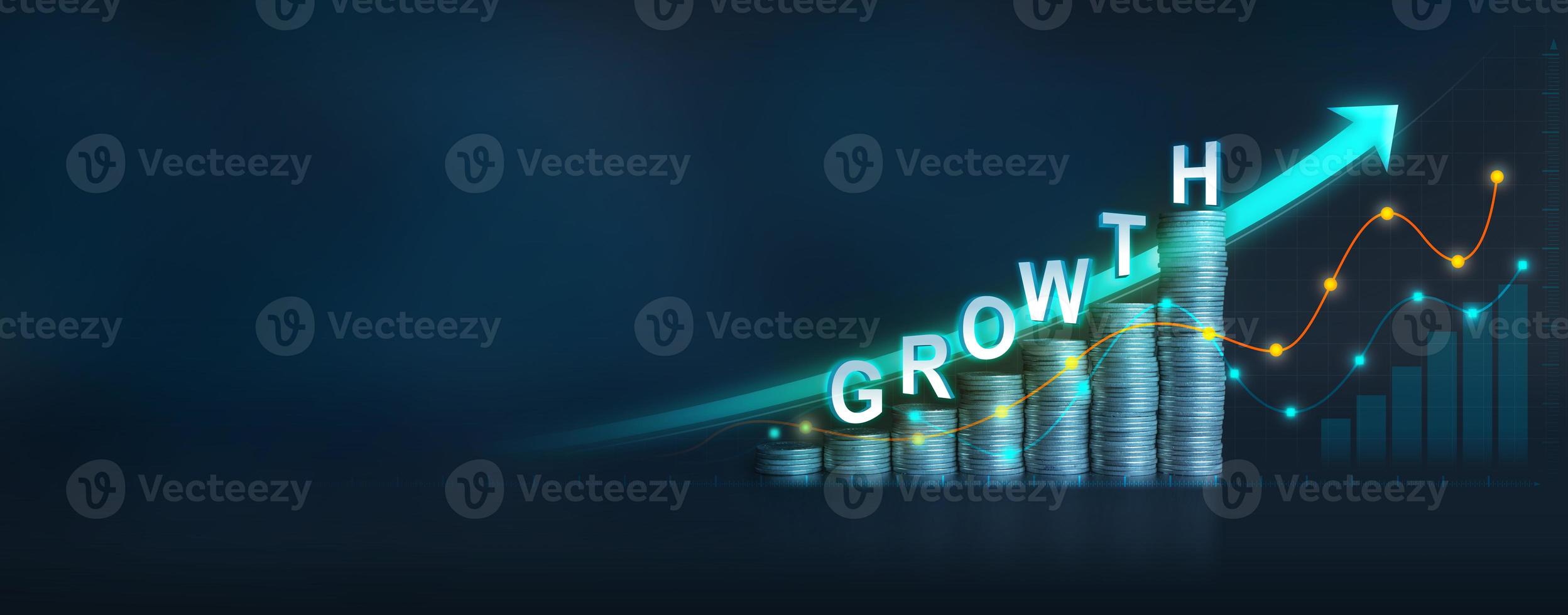 Columns of coins and lines of economic growth with the word GROWTH against a dark blue background photo