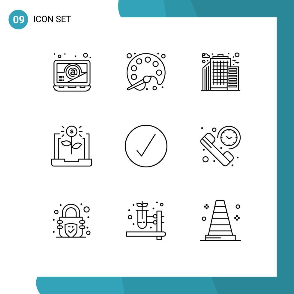 Editable Vector Line Pack of 9 Simple Outlines of complete check city investment economy Editable Vector Design Elements