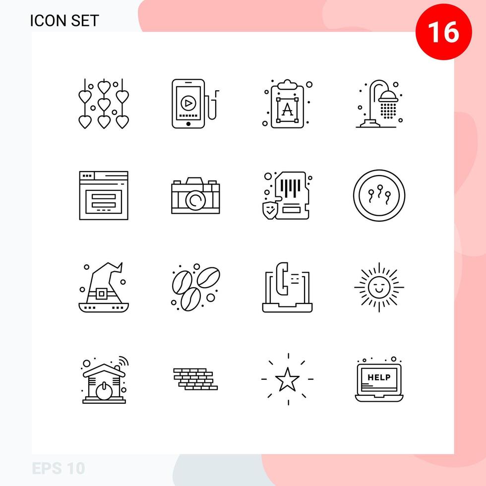 Pack of 16 Modern Outlines Signs and Symbols for Web Print Media such as web page creative shower water Editable Vector Design Elements