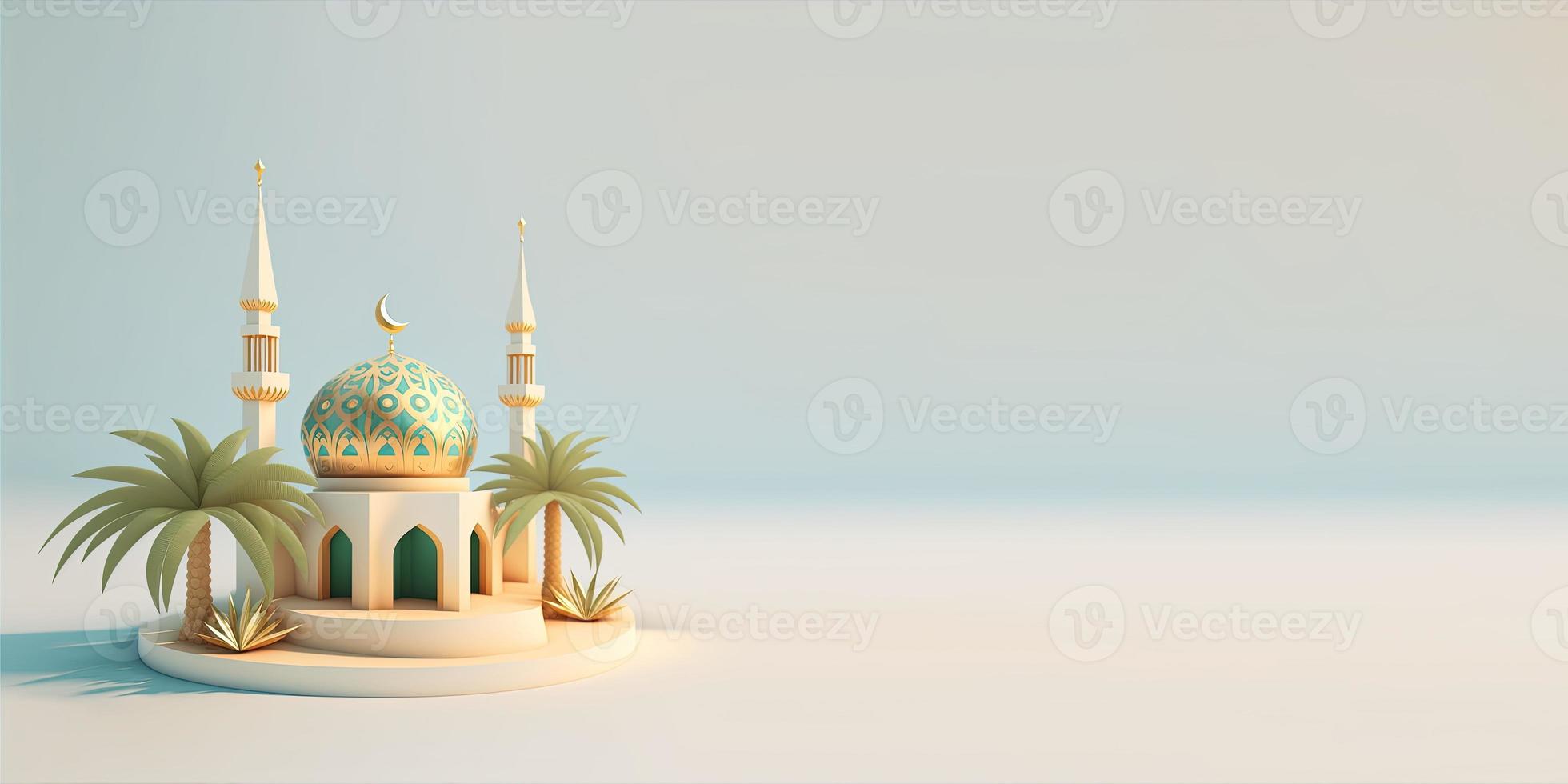 Ramadan Greeting with 3D Mosque Illustration and Palm Trees photo