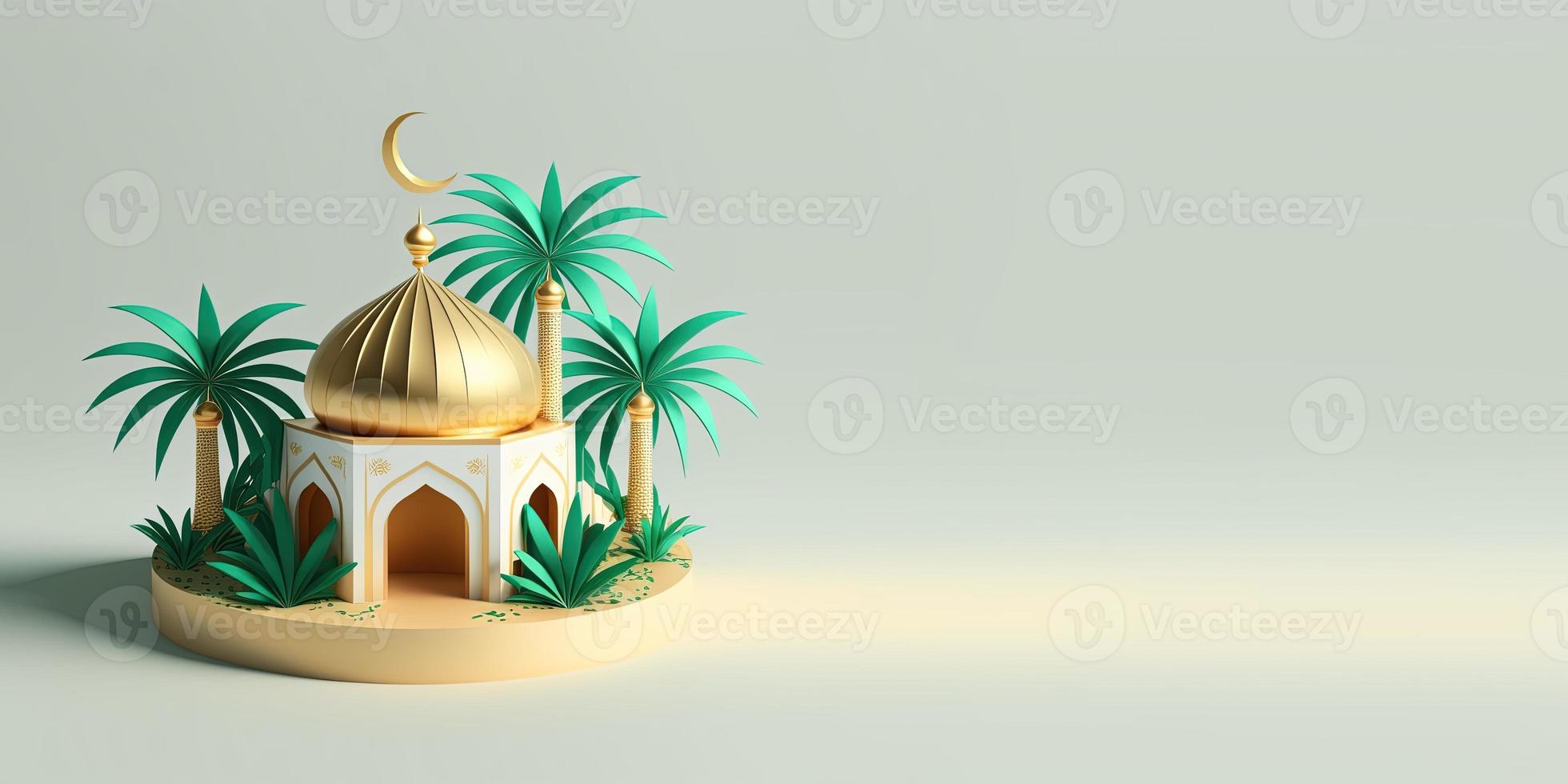 Ramadan Background with 3D Illustration of Mosque and Palm Trees photo