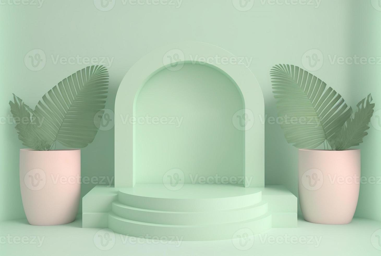 podio de hojas 3d sobre fondo verde suave para la escena y presentación del producto foto