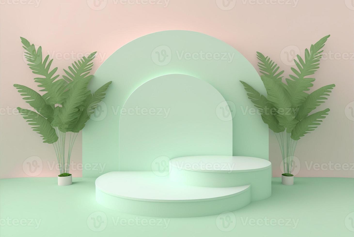 podio de hoja 3d sobre fondo verde suave para exhibición y presentación de productos foto