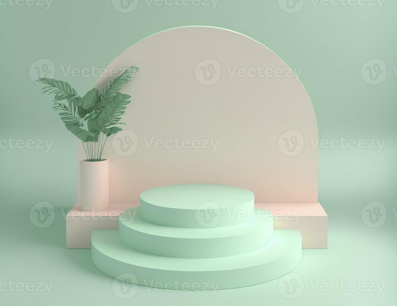 3d leaf podium on soft green background for product showcase and promotion photo