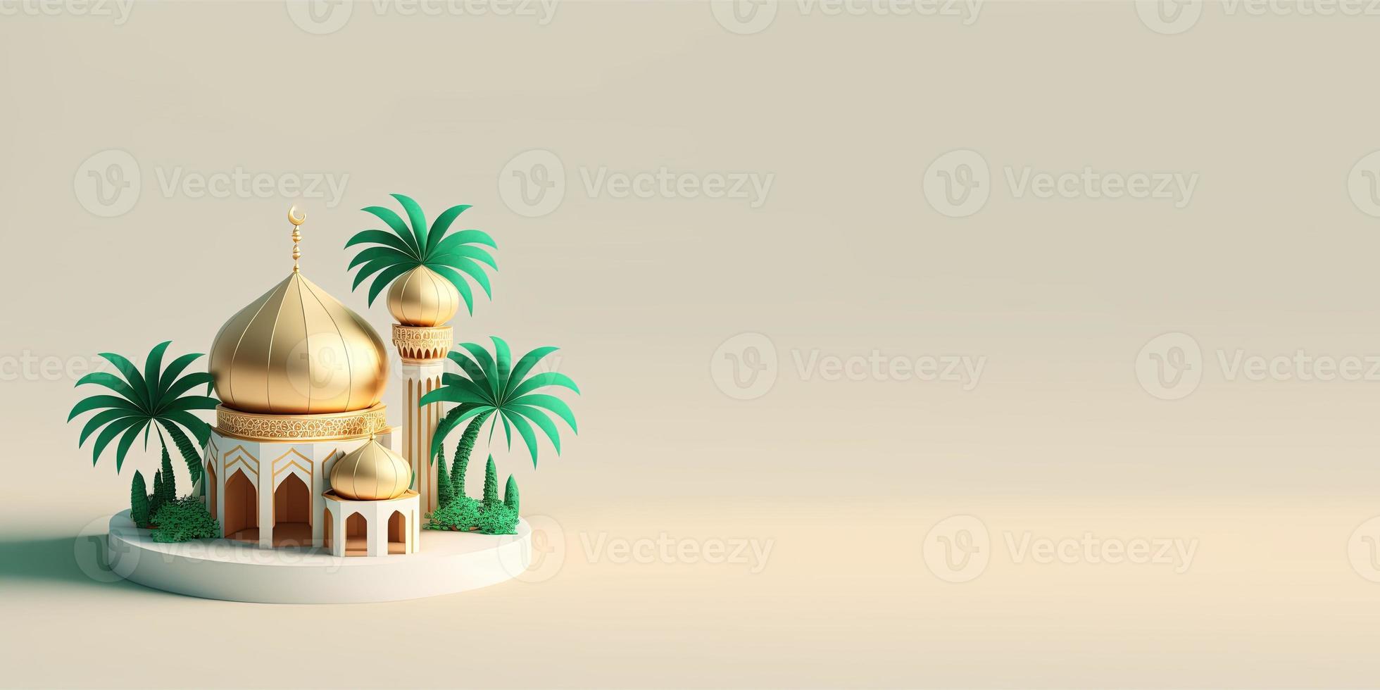 3D Mini Mosque with Golden Minaret for Ramadan Background photo