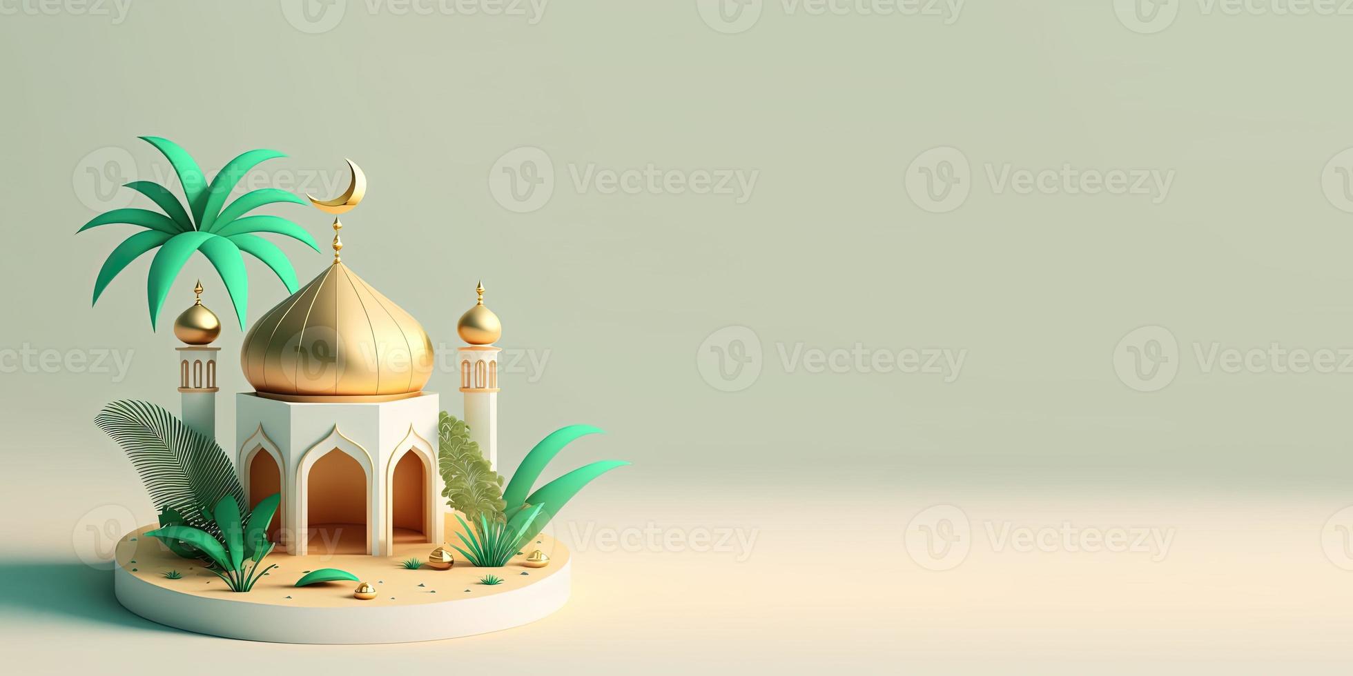 banner de ramadán con ilustración 3d de mezquita y espacio de copia foto