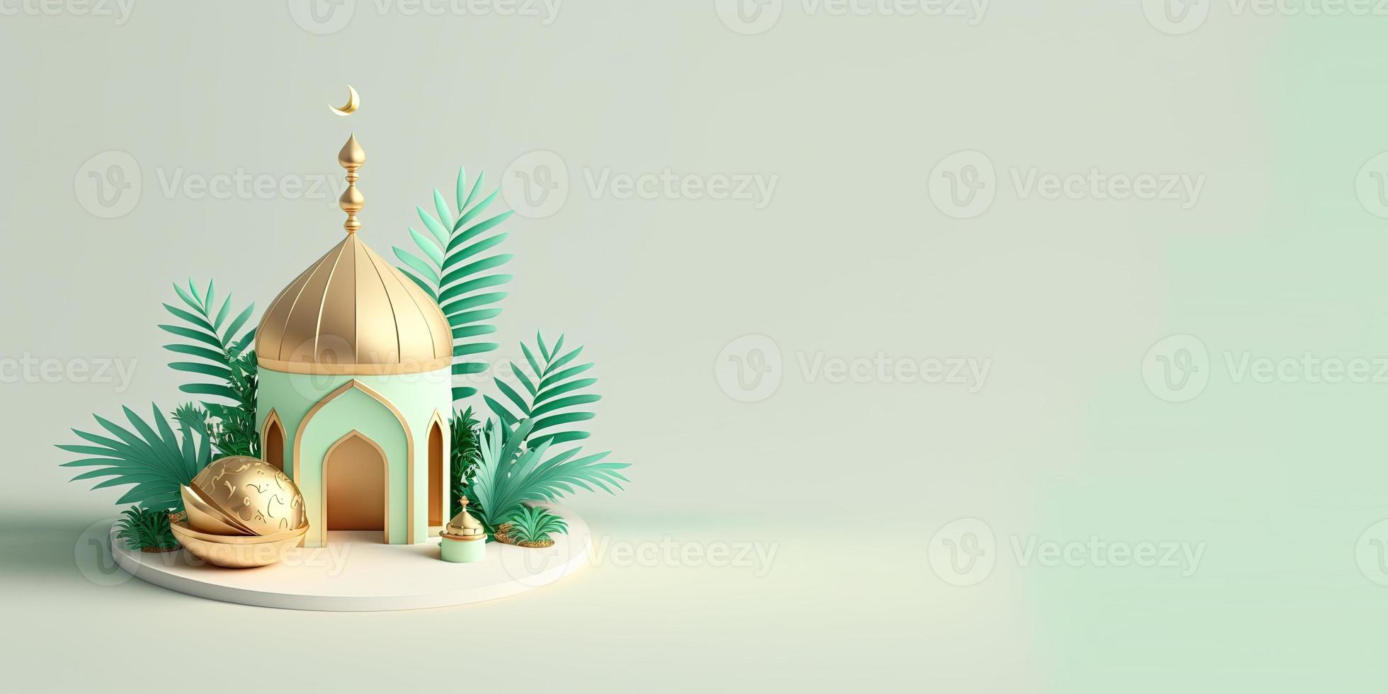 Ramadan Banner with 3D Illustration of Mosque and Copy Space photo