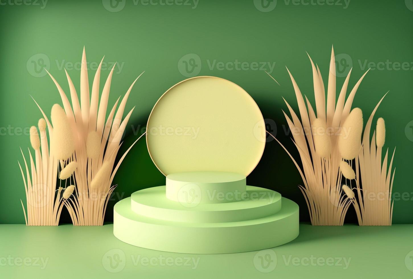 Ilustración 3d de una escena de producto en un podio de hierba verde foto