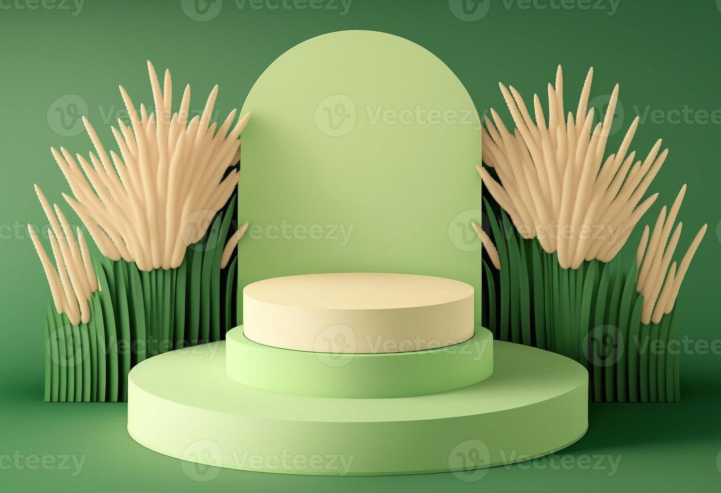 Realistic 3d green grass podium for product promotion photo