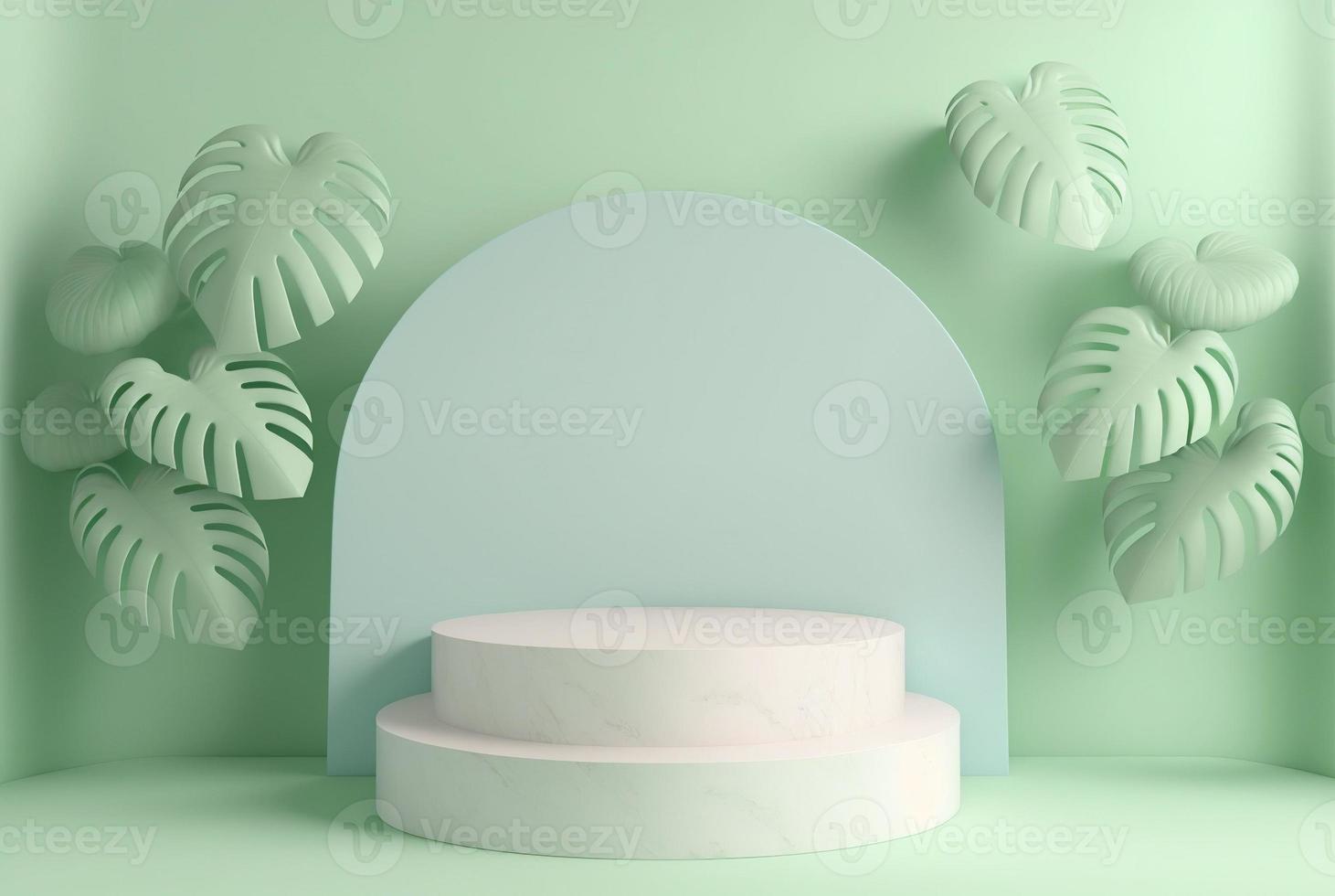 3d leaf podium on soft green background for product display and presentation photo