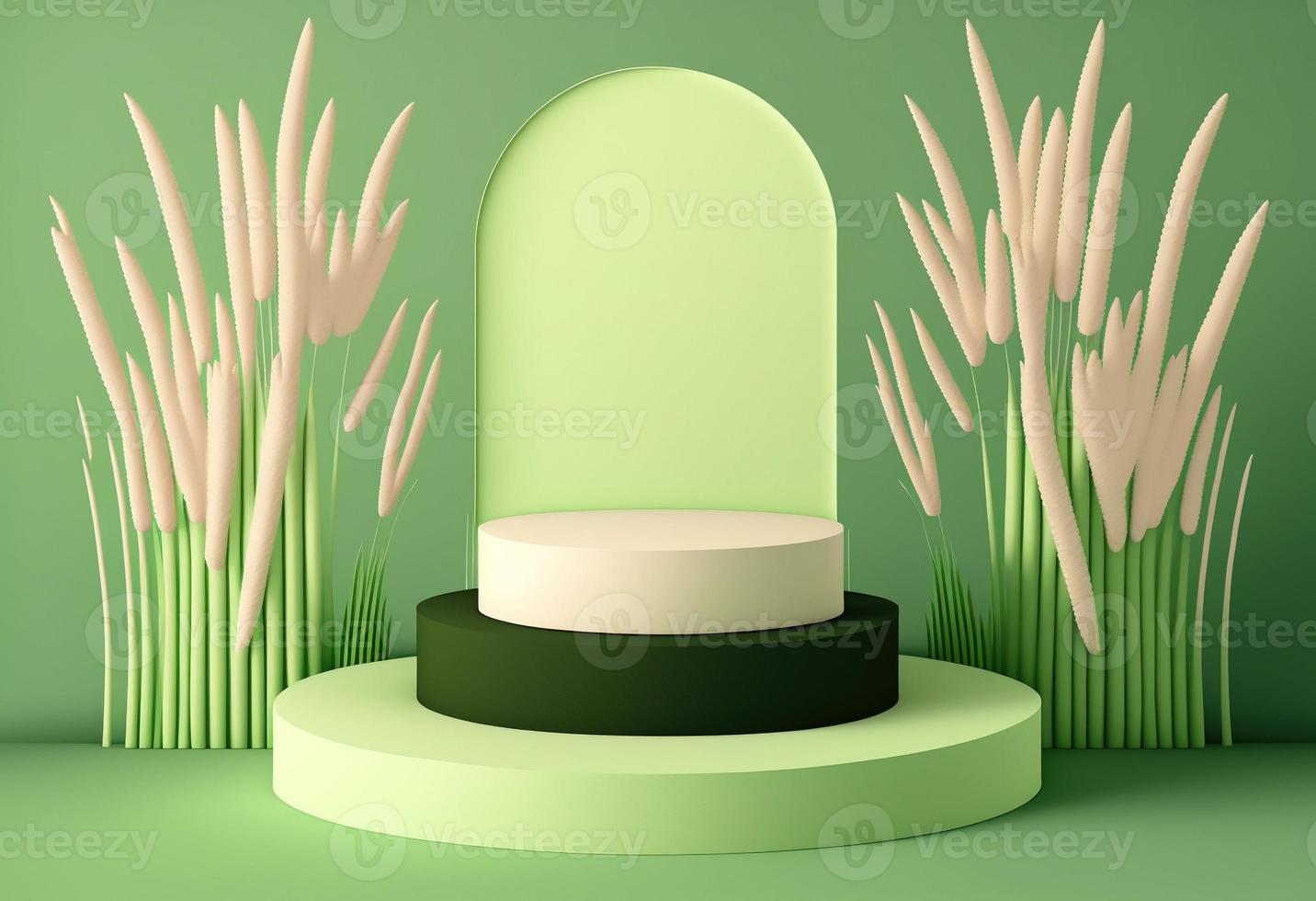 3d podium on a green grassland background photo