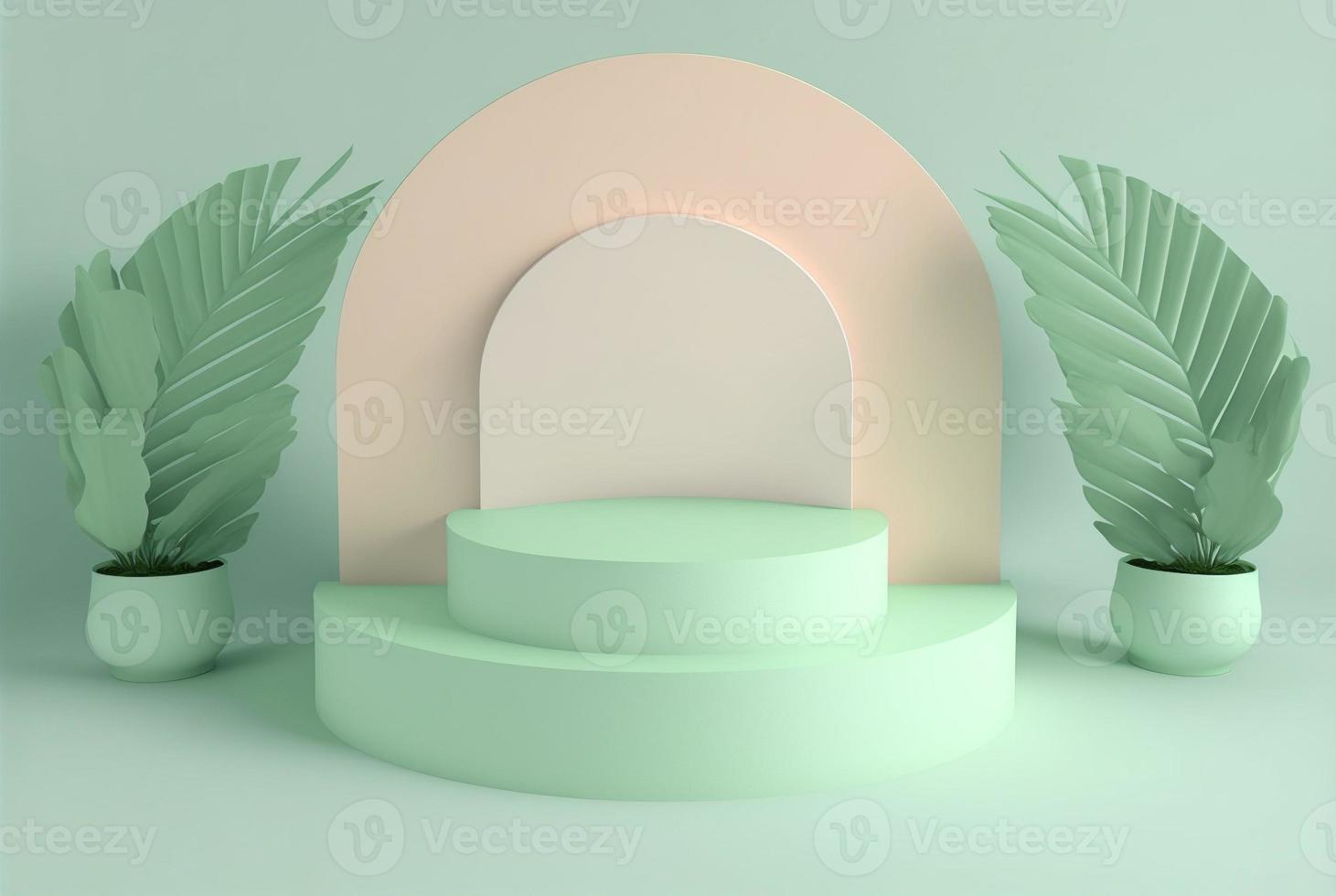 3d outdoor product promotion podium with leaves and soft green background photo