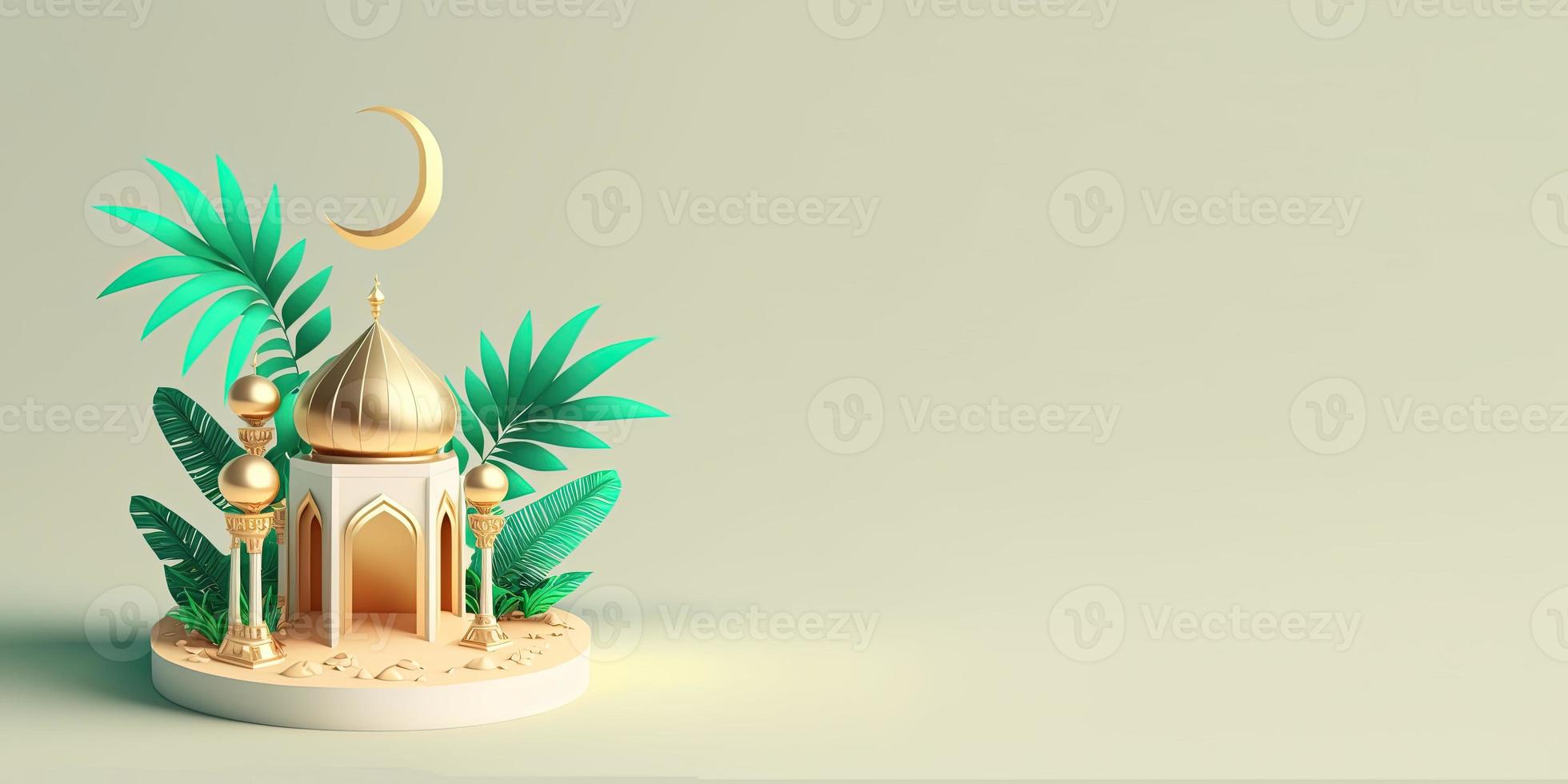 Ramadan Banner with 3D Illustration of Mosque and Copy Space photo