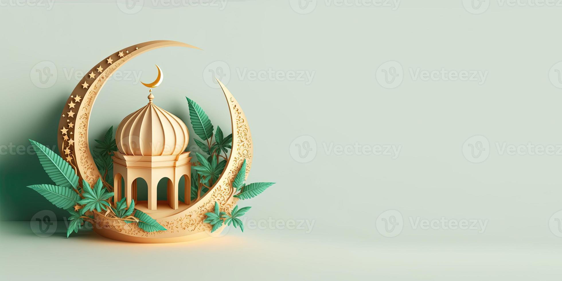 ilustración de mezquita dorada 3d y luna creciente para banner islámico foto