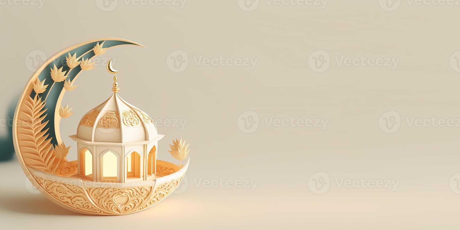 Golden 3D Islamic Lantern Illustration and Crecent Moon for Islamic Banner photo