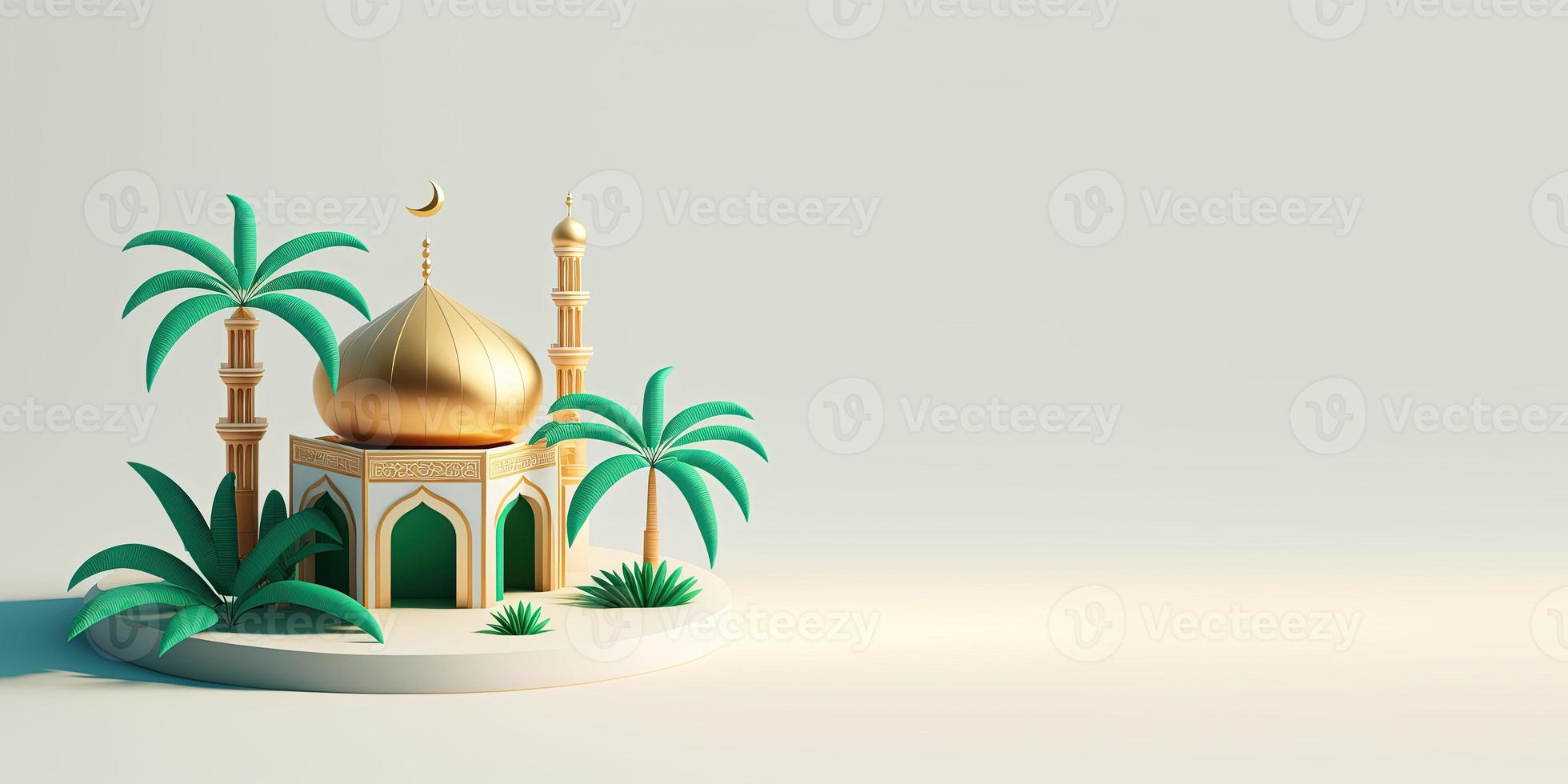 Ramadan Background with 3D Illustration of Mosque and Palm Trees photo