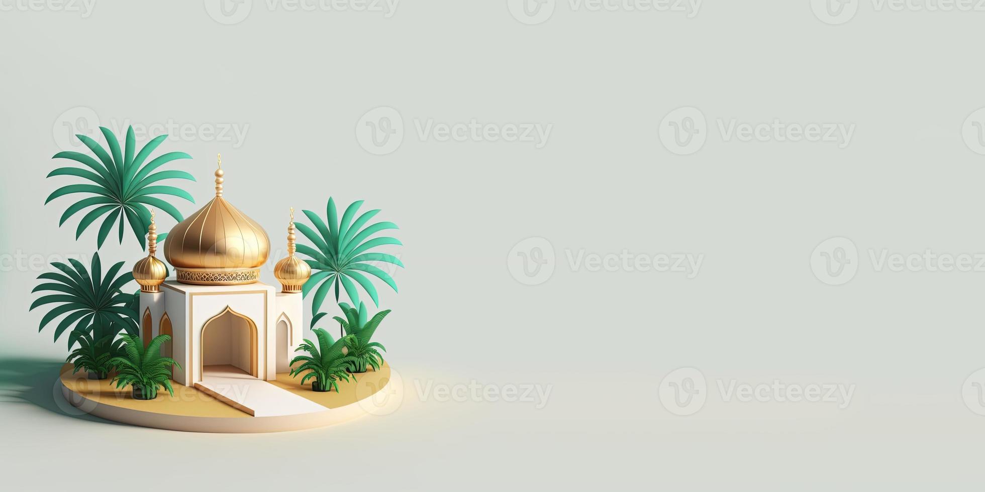 Ramadan Greeting with 3D Mosque Illustration and Palm Trees photo