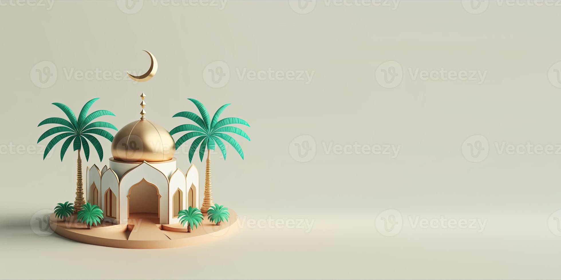 3D Mini Mosque with Golden Minaret for Ramadan Background photo