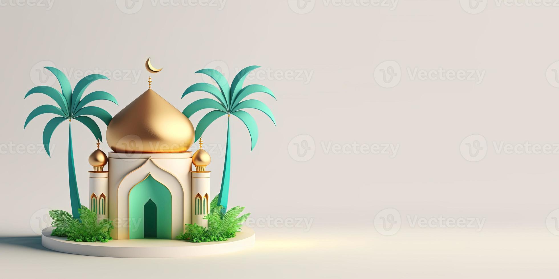Ramadan Background with 3D Illustration of Mosque and Palm Trees photo