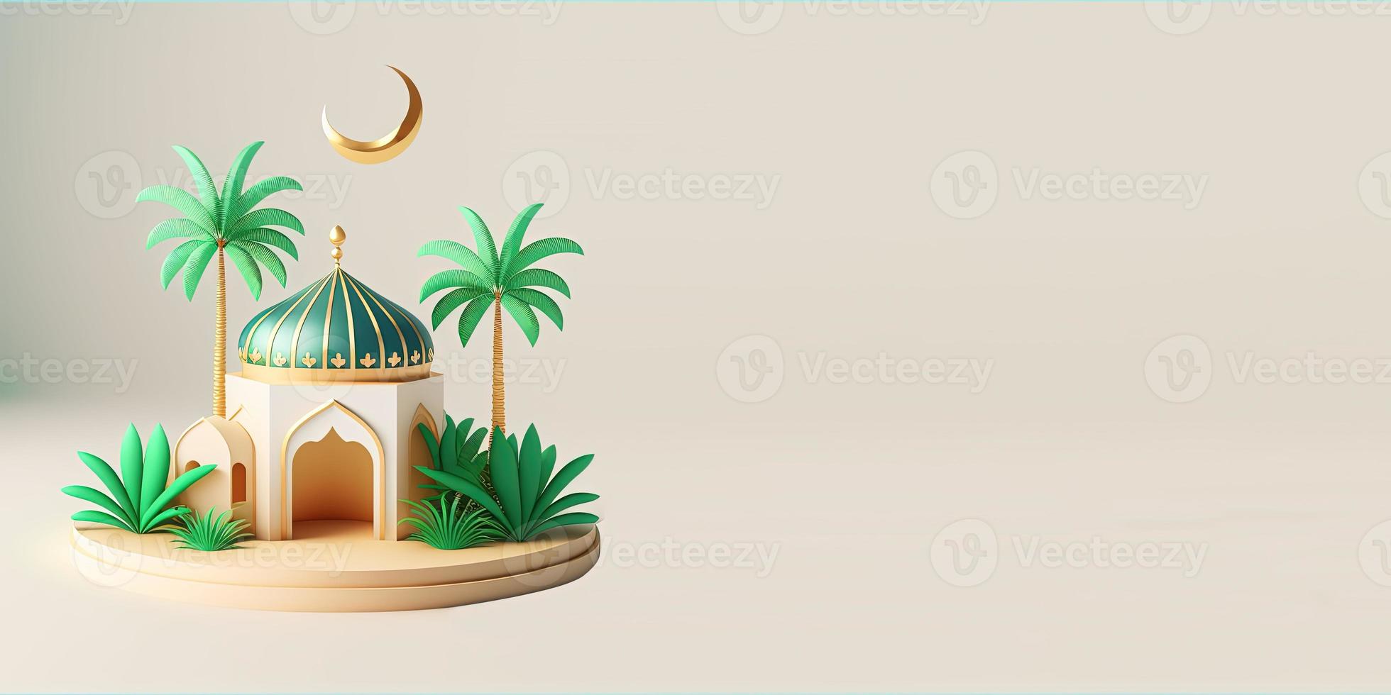 Ramadan Greeting with 3D Mosque Illustration and Palm Trees photo