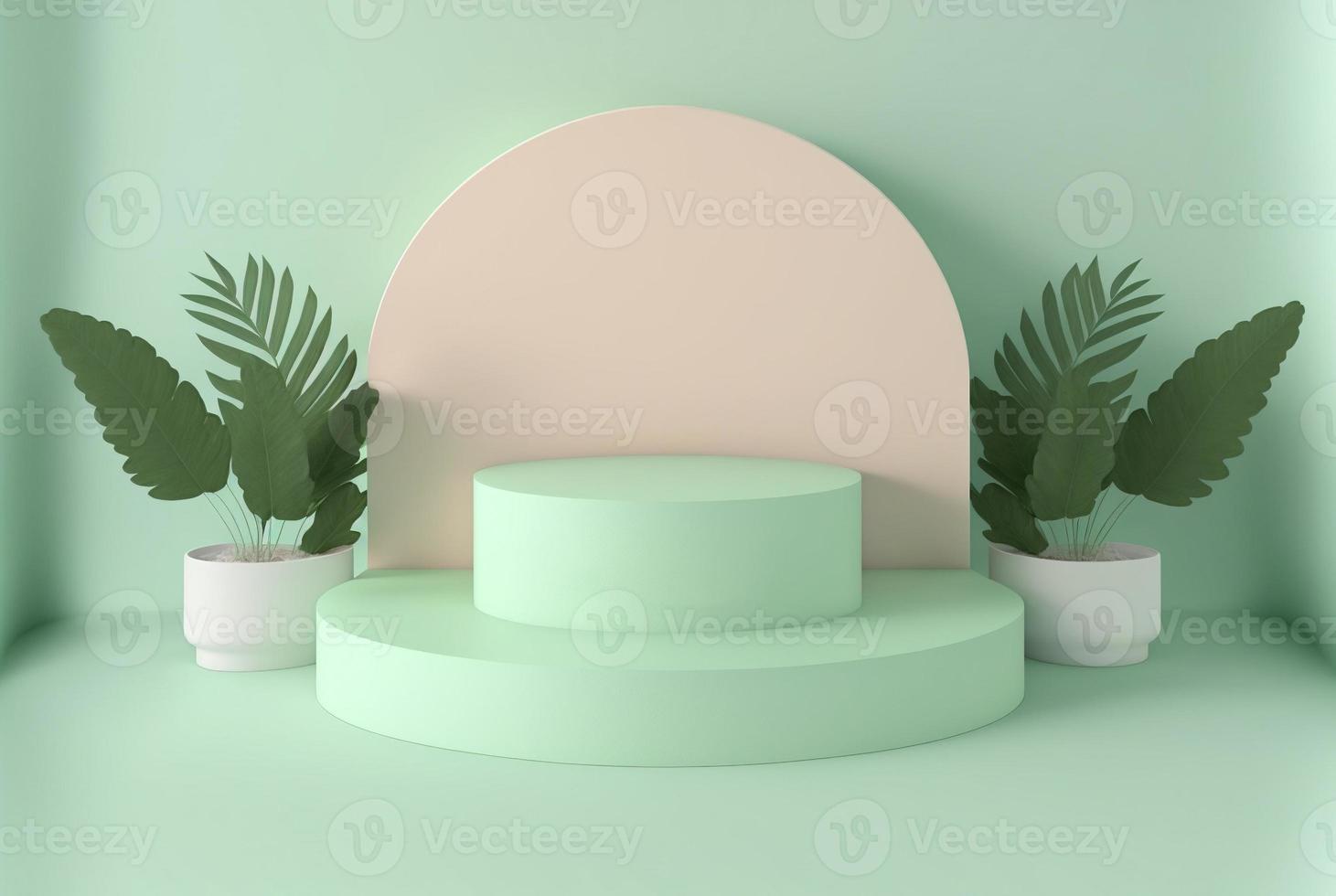 Ilustración 3d de una escena de producto con hojas y fondo verde suave foto