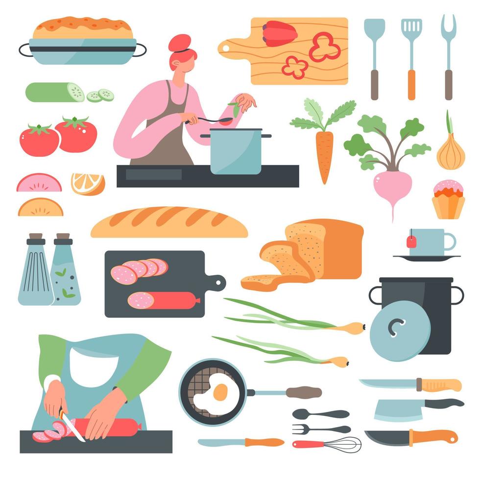 Woman cooking in kitchen healthy dieting nutrition vector