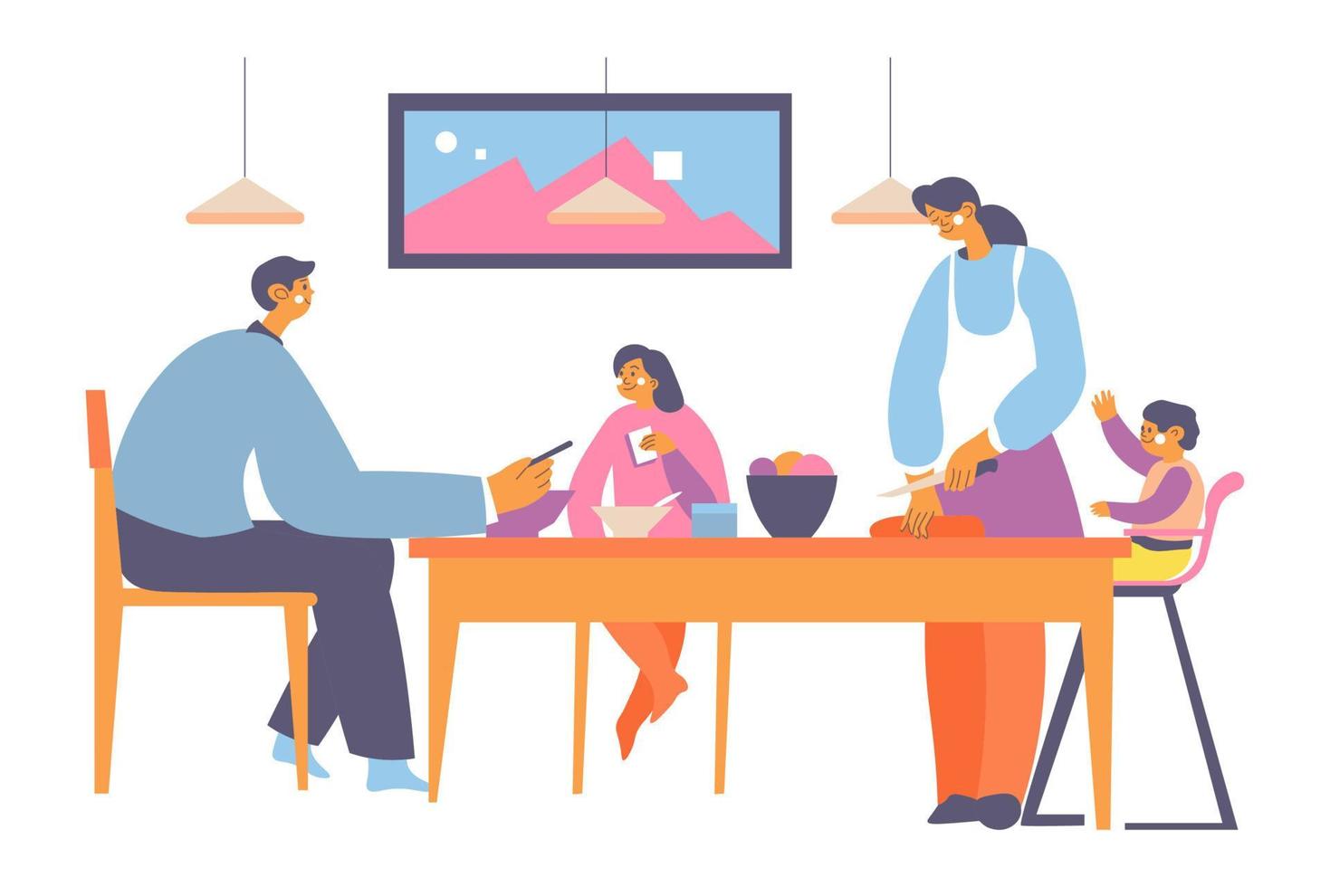 Family in kitchen, mother cooking children talk vector