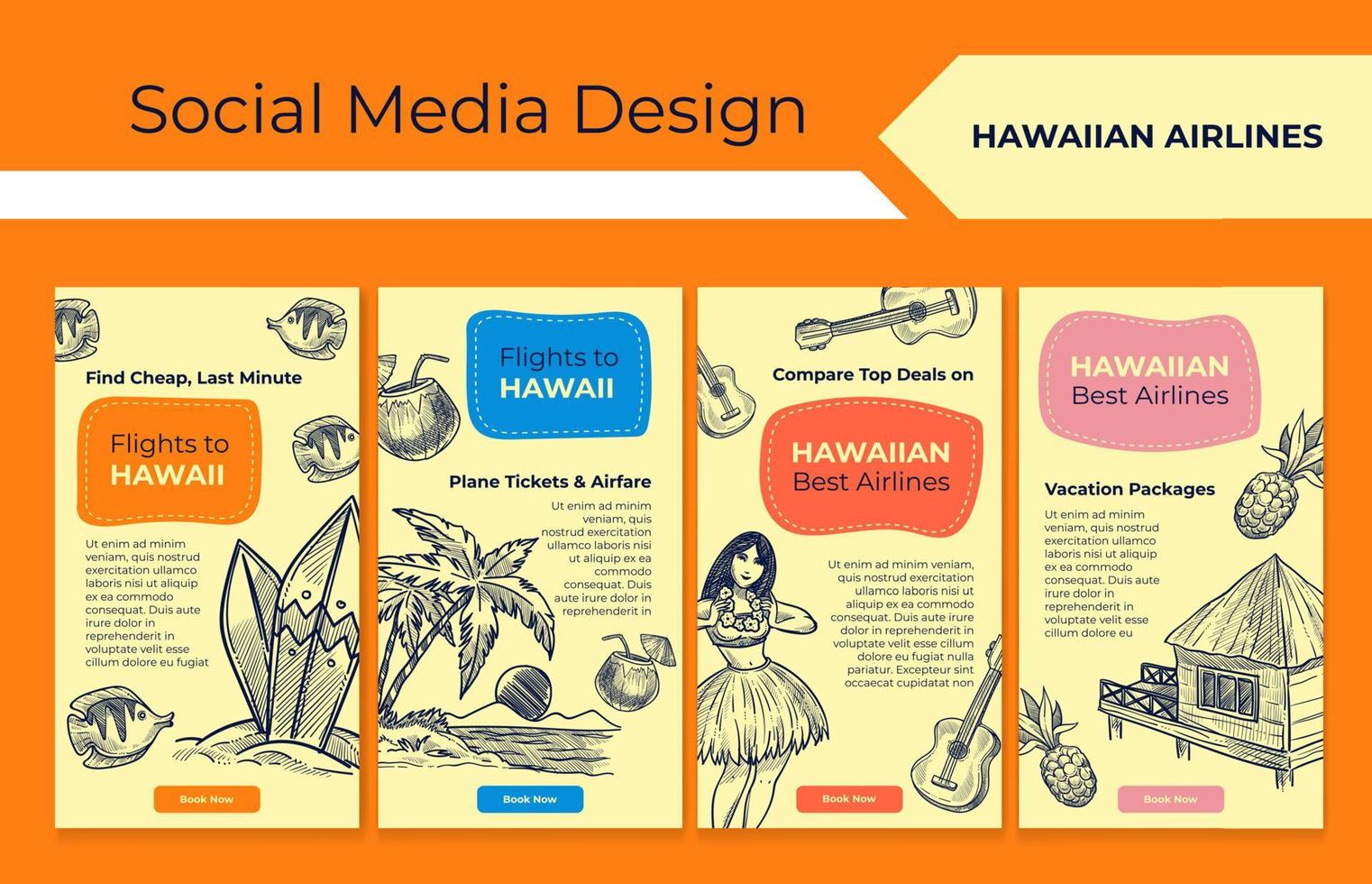 Hawaiian airlines promo at social media design set vector