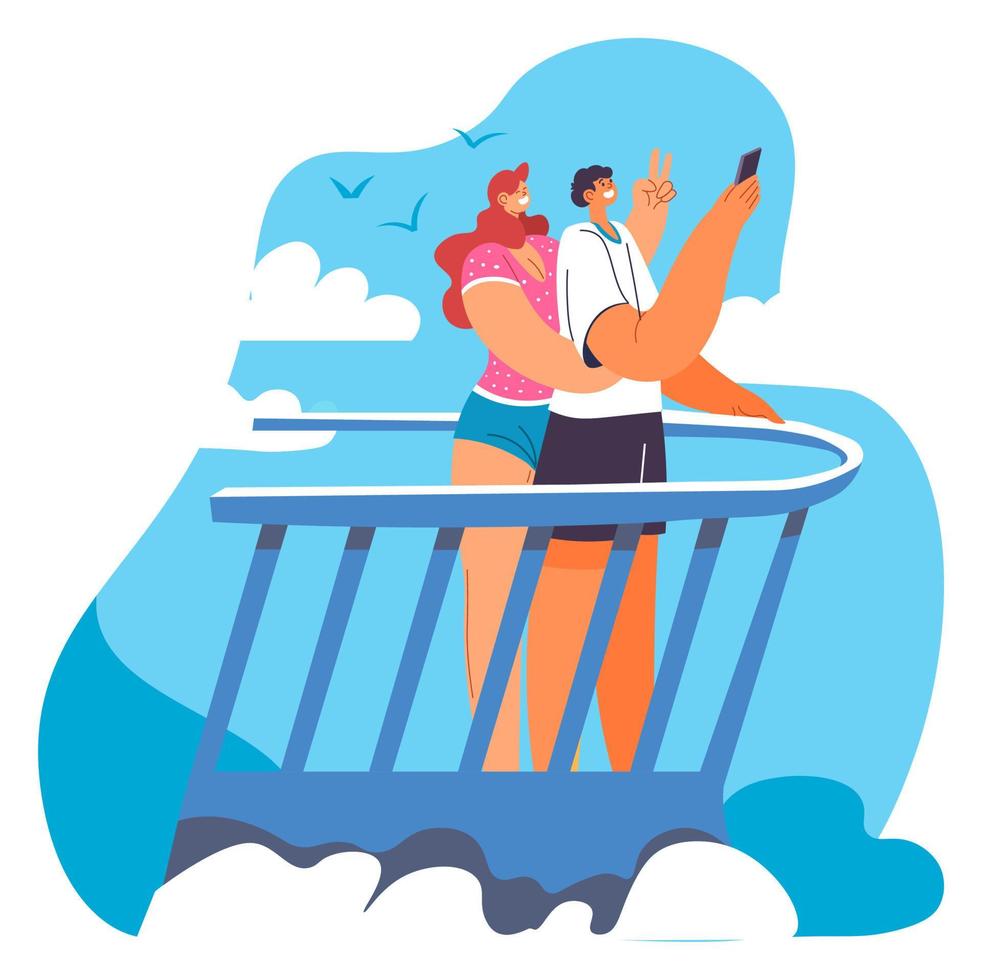 People taking selfie on yacht deck, summer trip vector