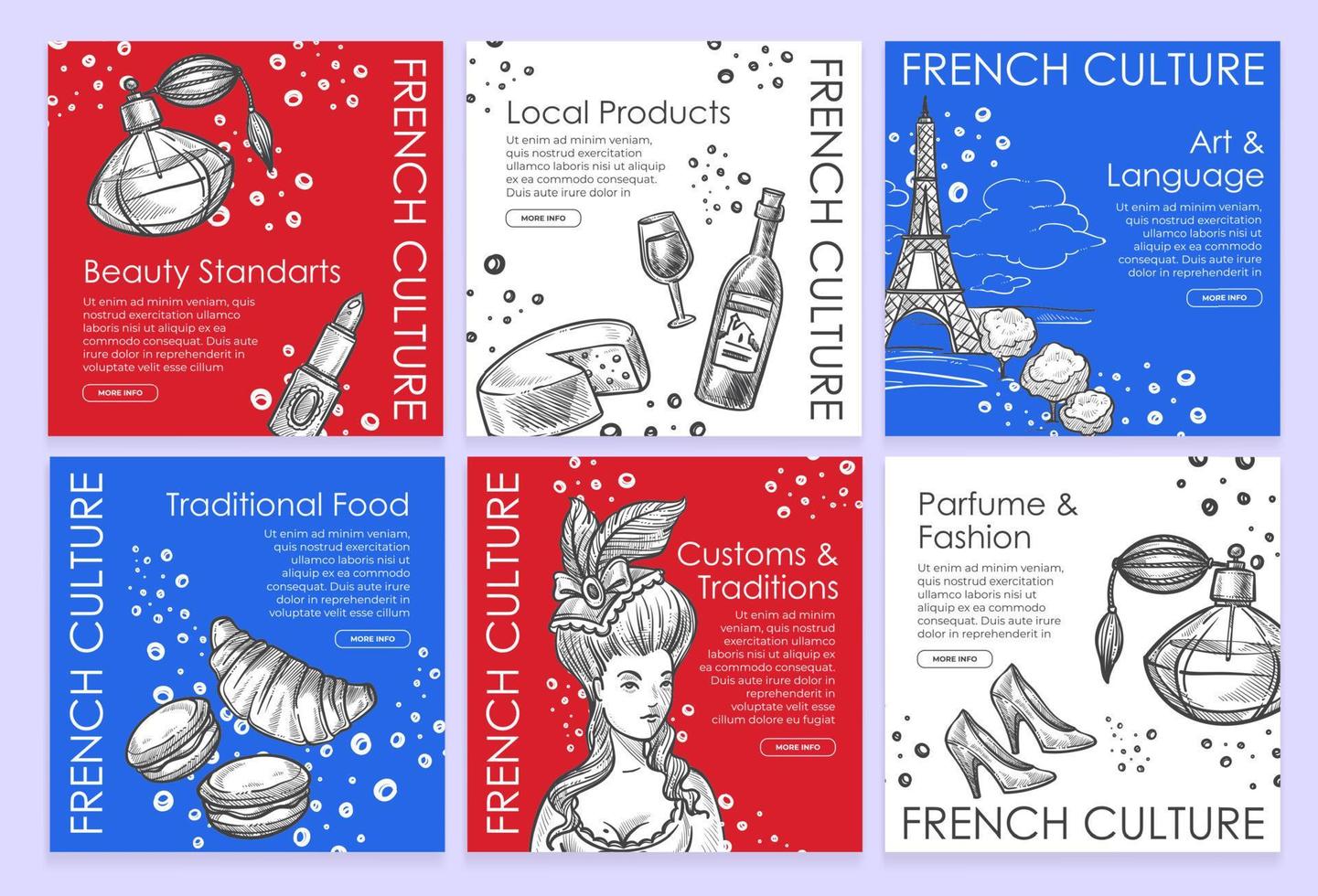 French culture social media banner, post set vector