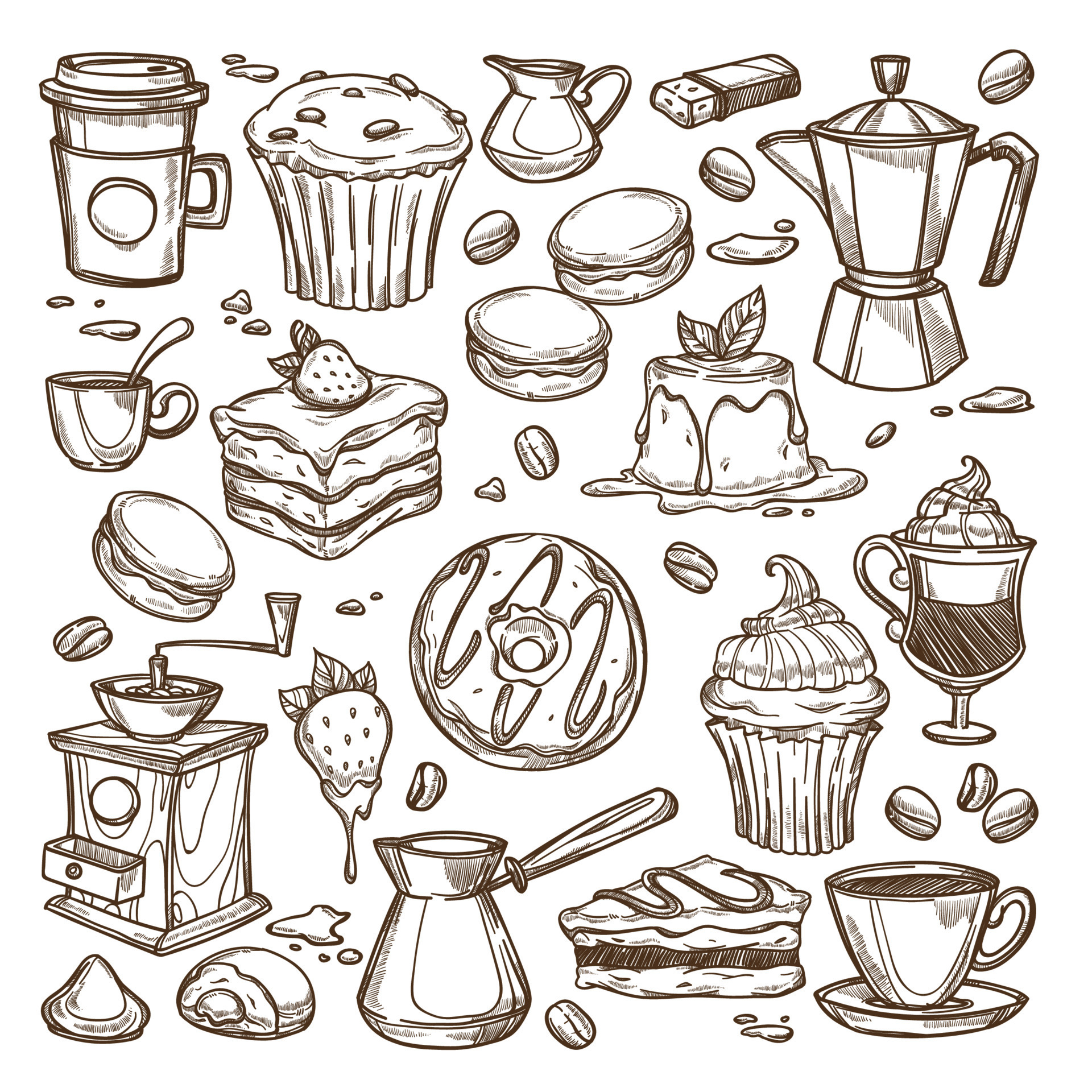 Coffee and desserts, cakes and sweet pastry sketch 17732229 Vector Art at Vecteezy