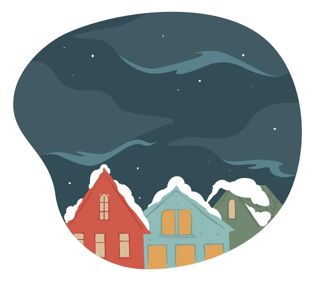 Winter night in city or town, buildings with snow vector