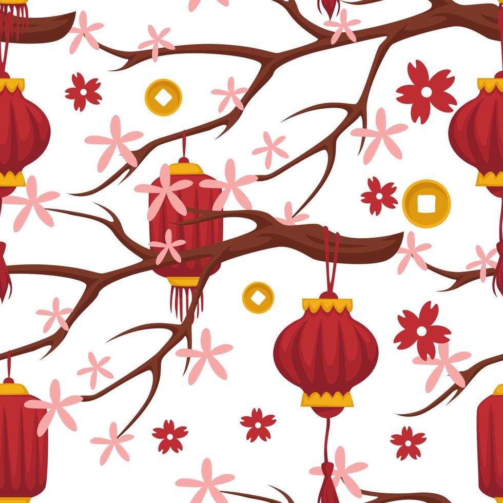 flor de árbol chino y diseños de farolillos rojos vector