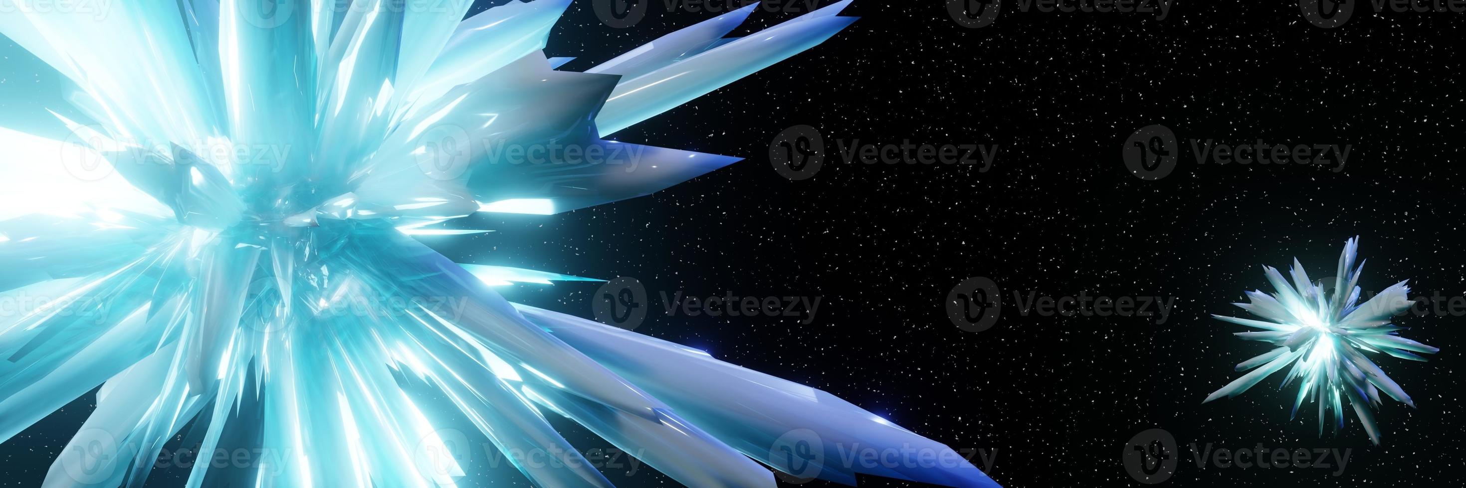 Abstract Digital Futuristic Glowing Crystals fly in space panorama Background 3D rendering photo