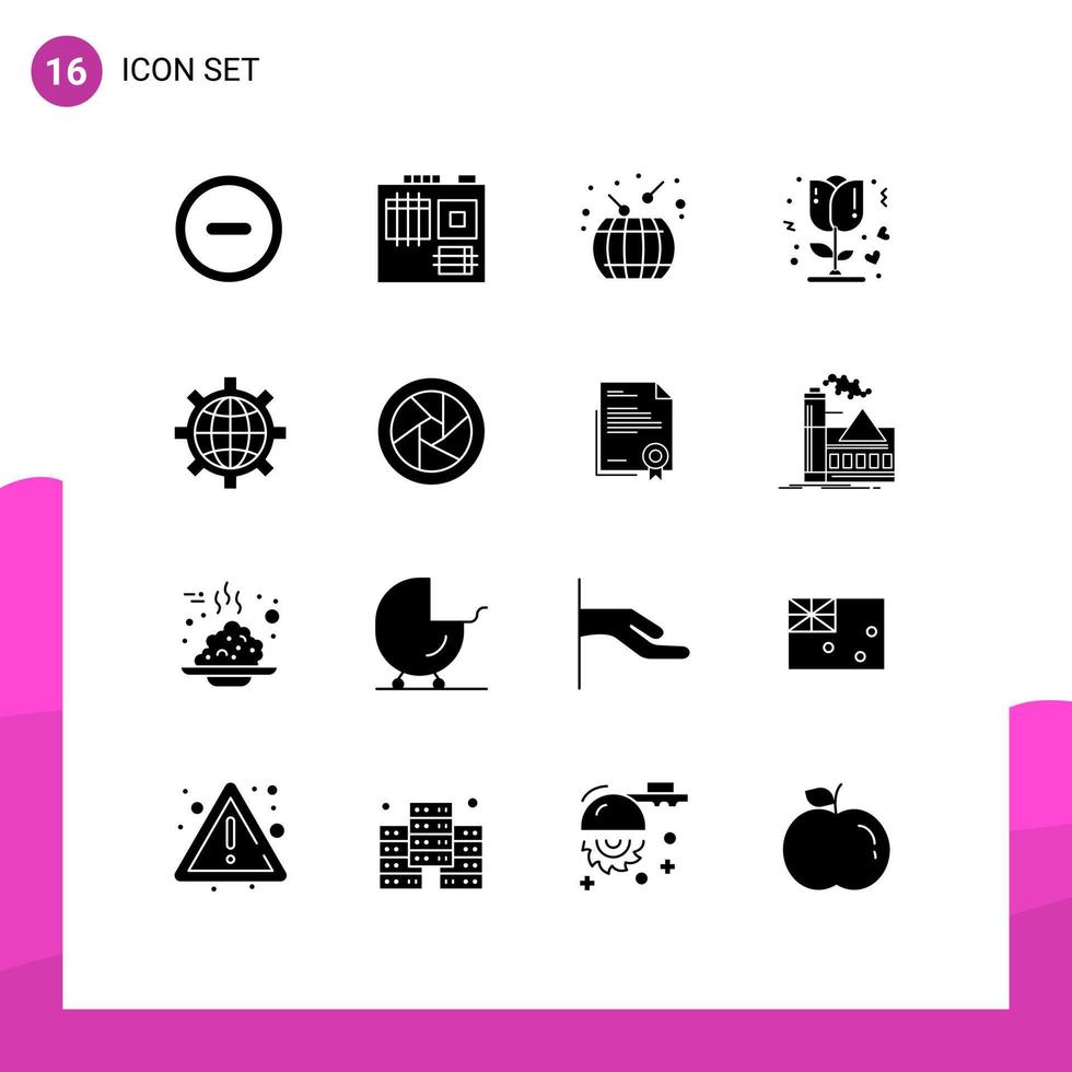 Group of 16 Modern Solid Glyphs Set for world configure chinese new year browser love Editable Vector Design Elements