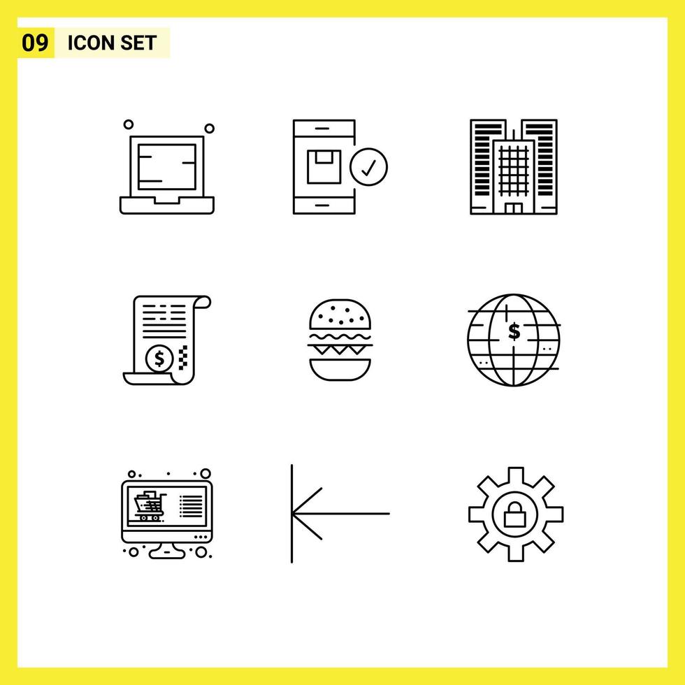 Group of 9 Modern Outlines Set for burger dollar device attachment office Editable Vector Design Elements