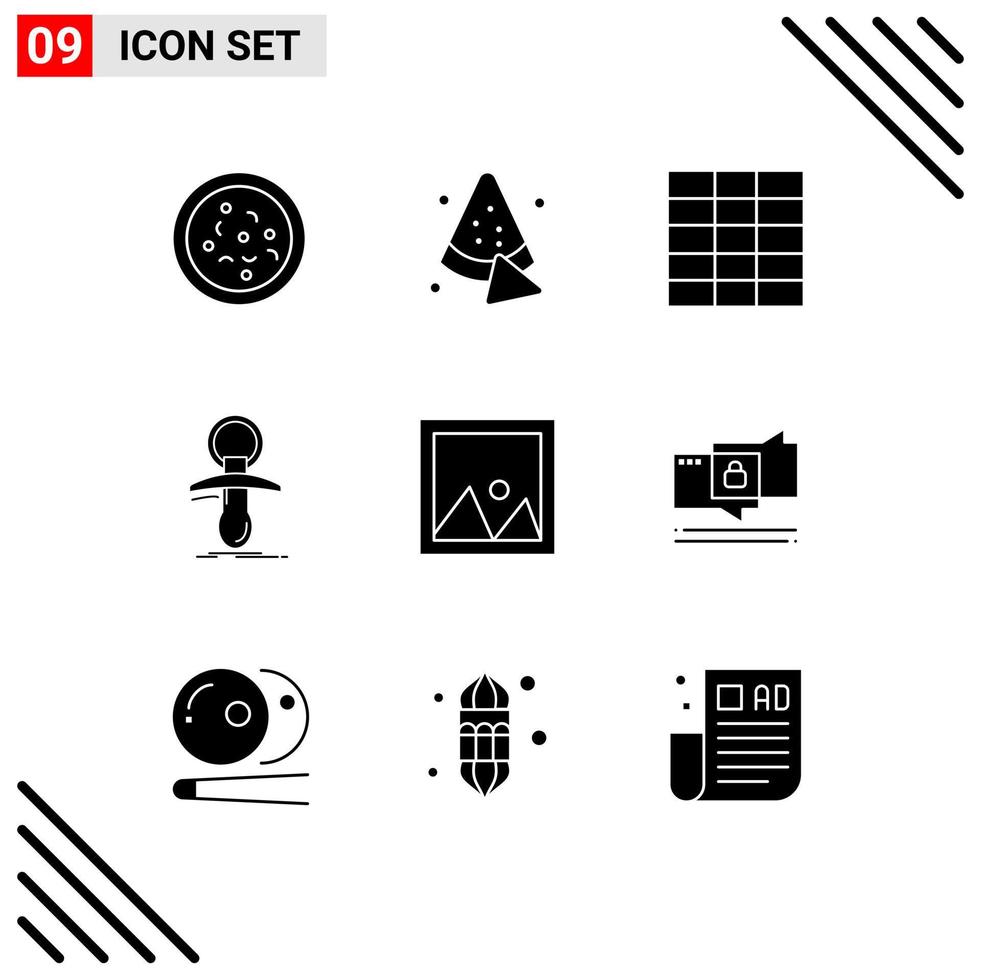 Group of 9 Solid Glyphs Signs and Symbols for photo furniture baby frame noob Editable Vector Design Elements