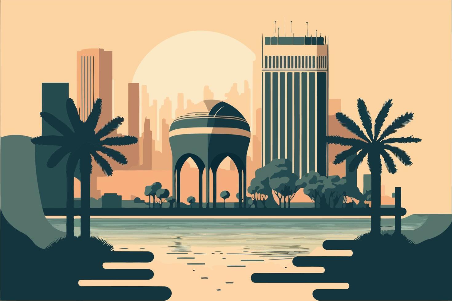 paisaje urbano con ciudad ficticia y un río vector