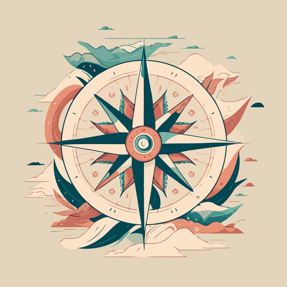 rosa de los vientos de la brújula en ilustración estilizada y coloreada vector