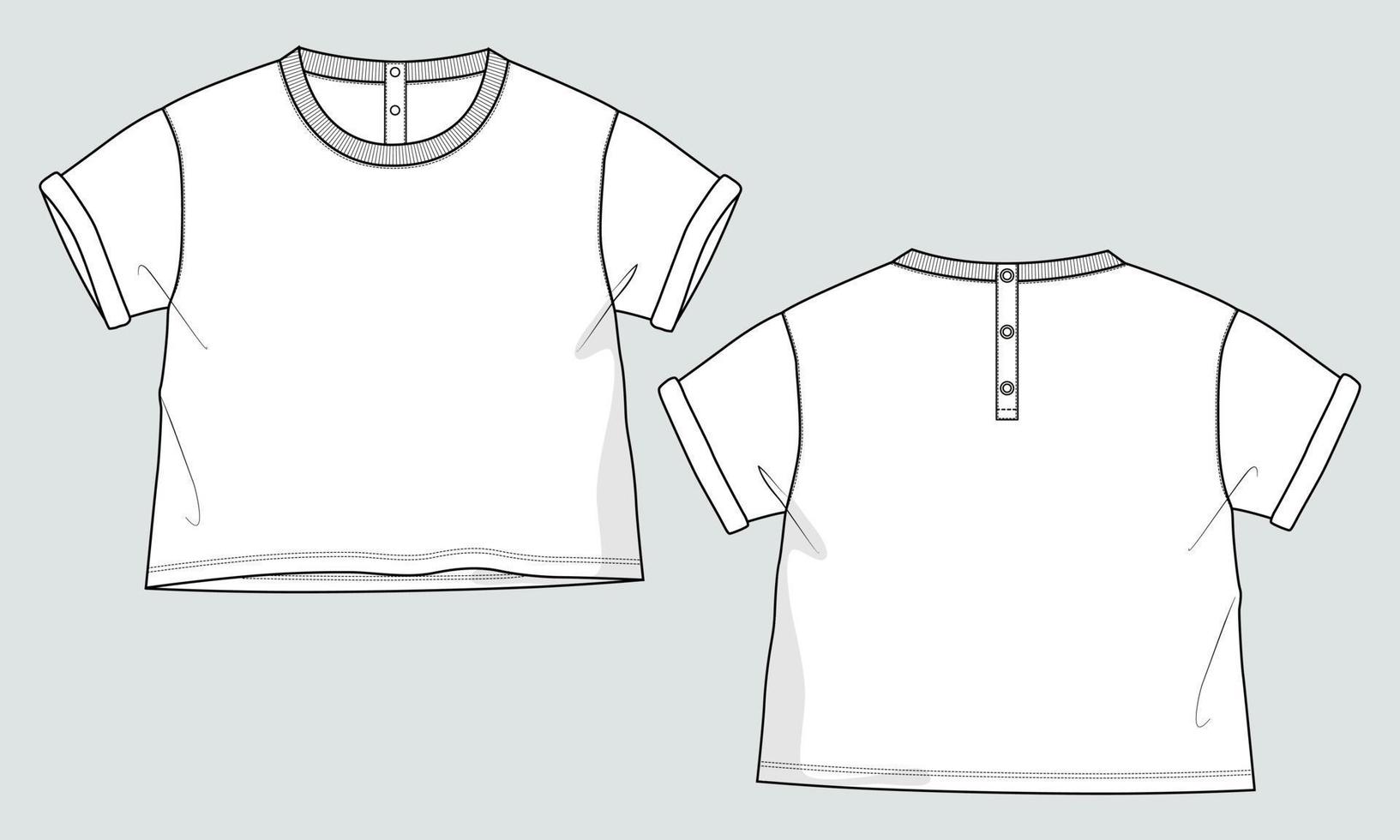 Short sleeve Basic T-shirt technical fashion flat sketch vector Illustration template front and back views. Basic apparel Design Mock up for Kids