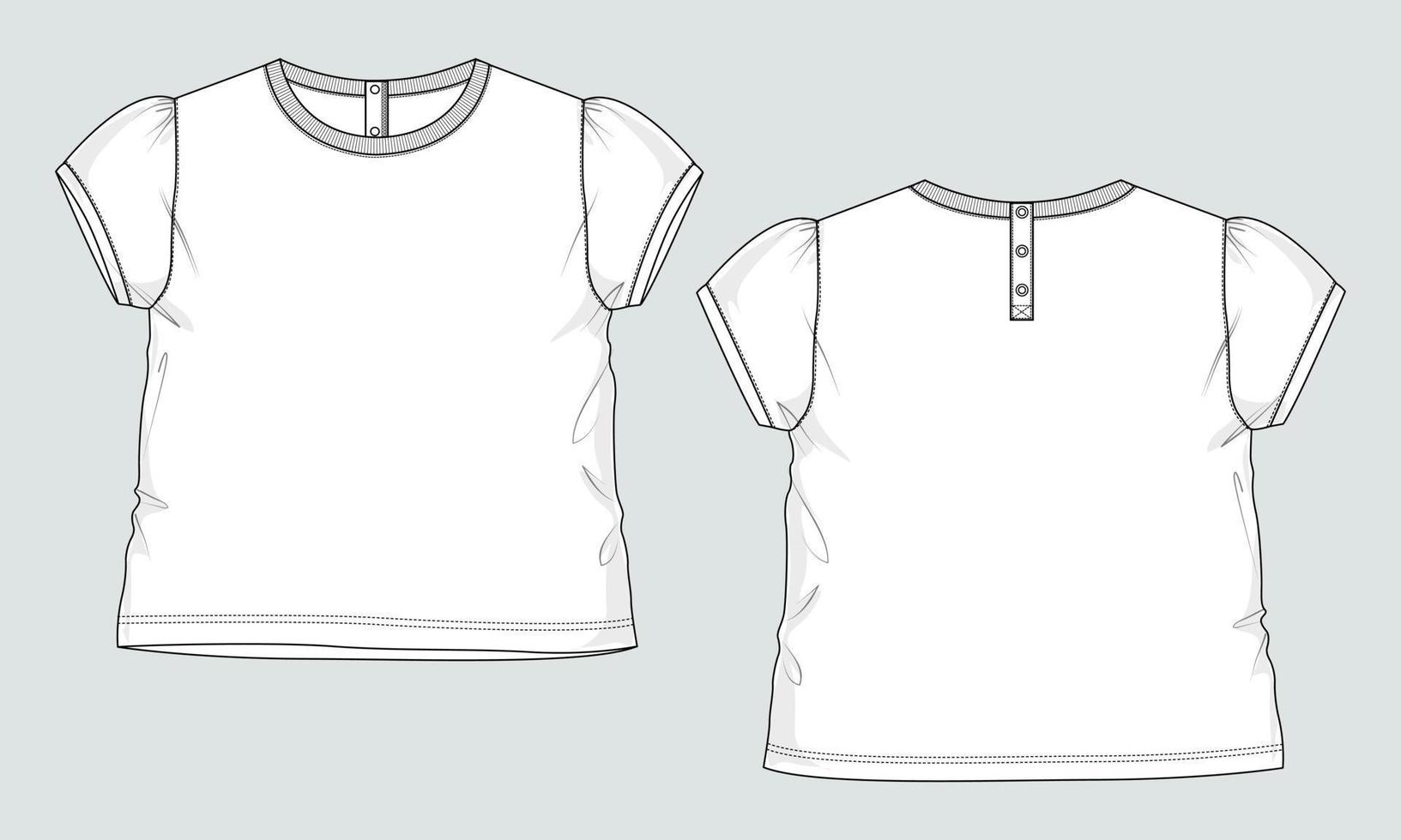 Short sleeve T-shirt Technical sketch fashion template for Women's and Girls. Vector art illustration Clothing mock up front, back view. Easy Edit customizable