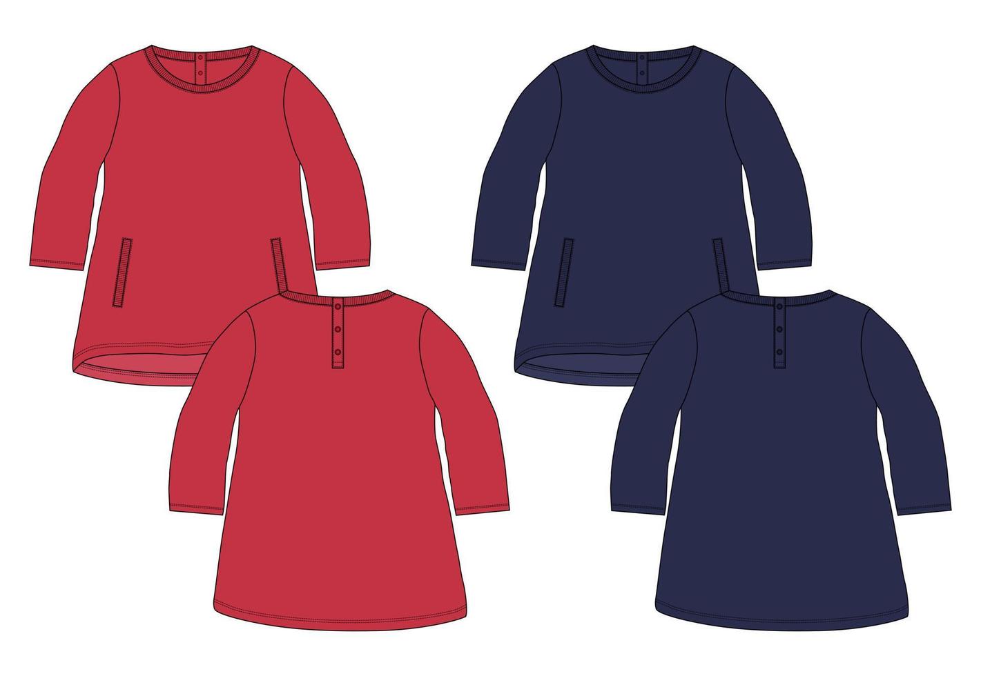 Long Sleeve With Round Neck, T- shirt tops Dress Design for kids and ladies. Technical fashion flat sketch Apparel Vector illustration Template Front and back views.