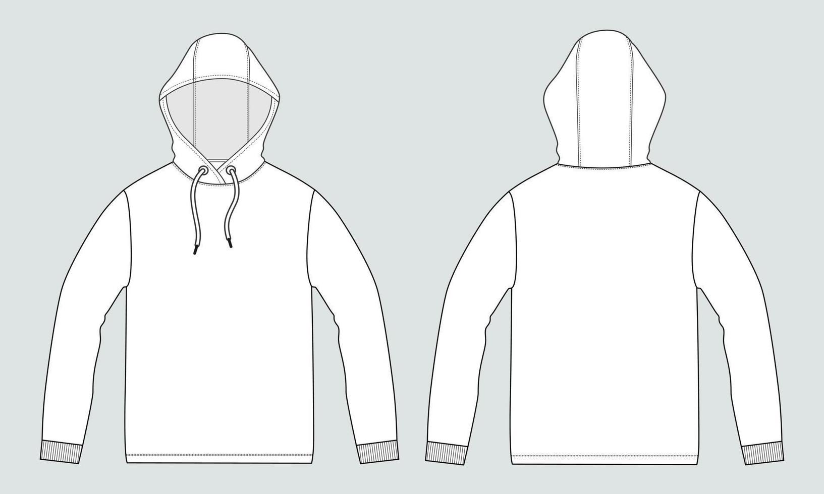 Long Sleeve Hoodie technical fashion flat sketch vector illustration template front and back views. Fleece jersey sweatshirt hoodie mock up for men's and boys.