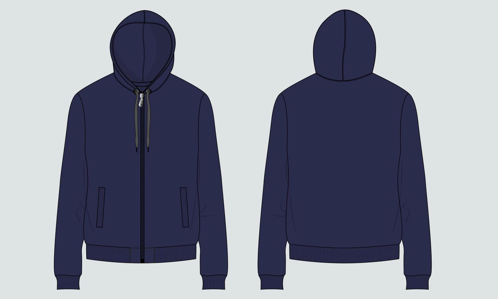 Long Sleeve Hoodie technical fashion flat sketch vector illustration template front and back views. Fleece jersey sweatshirt hoodie mock up for men's and boys.
