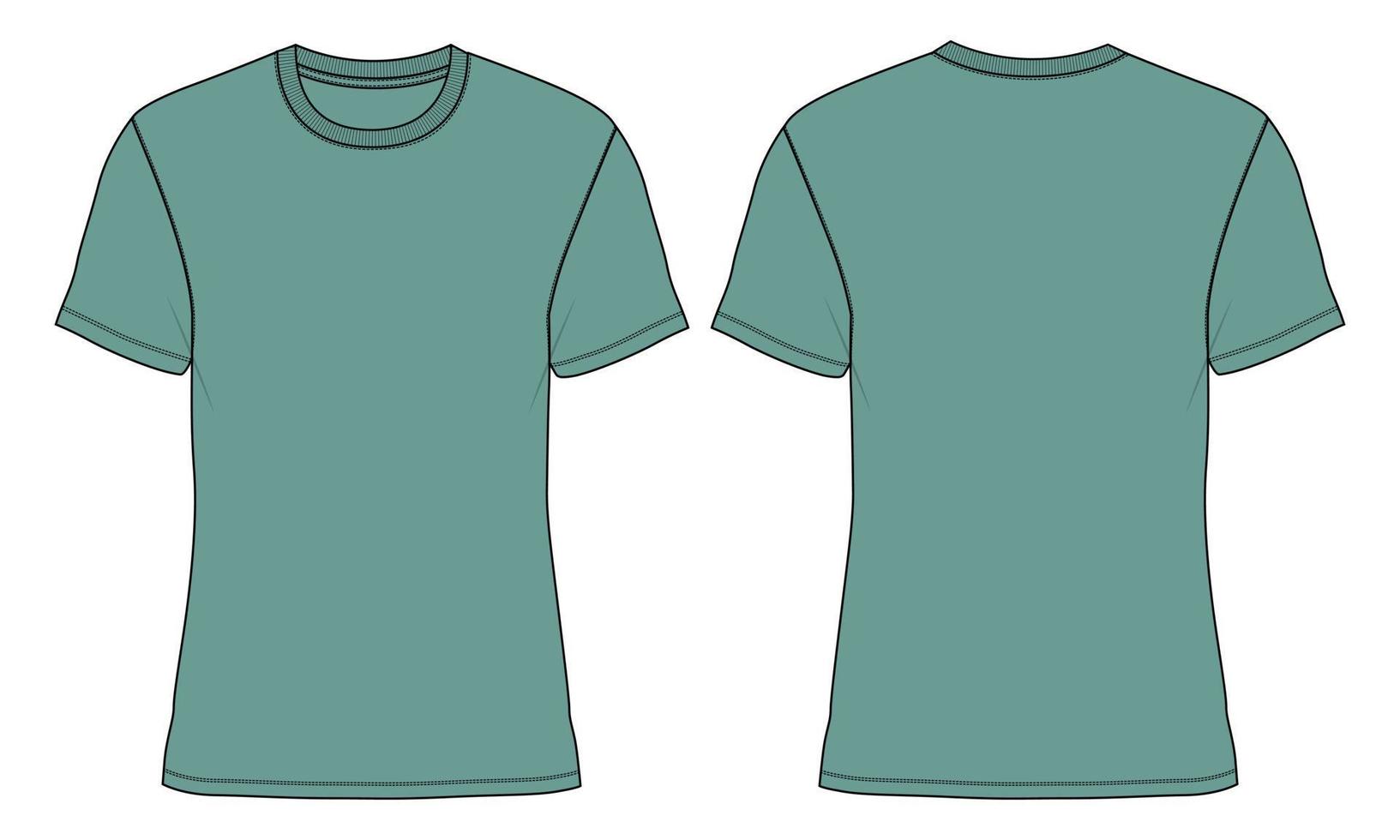 camiseta básica de manga corta vista frontal y posterior de la plantilla de ilustración vectorial de boceto plano de moda técnica general. ropa de vestir para hombres y niños. vector