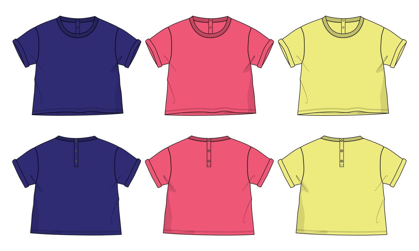 Short sleeve Basic T-shirt technical fashion flat sketch vector Illustration template front and back views. Basic apparel Design Mock up for Kids