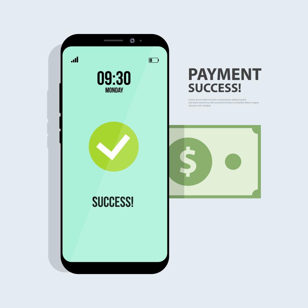 vector de ilustración de éxito de pago de transferencia de dinero en línea. pago con dinero usando un teléfono inteligente
