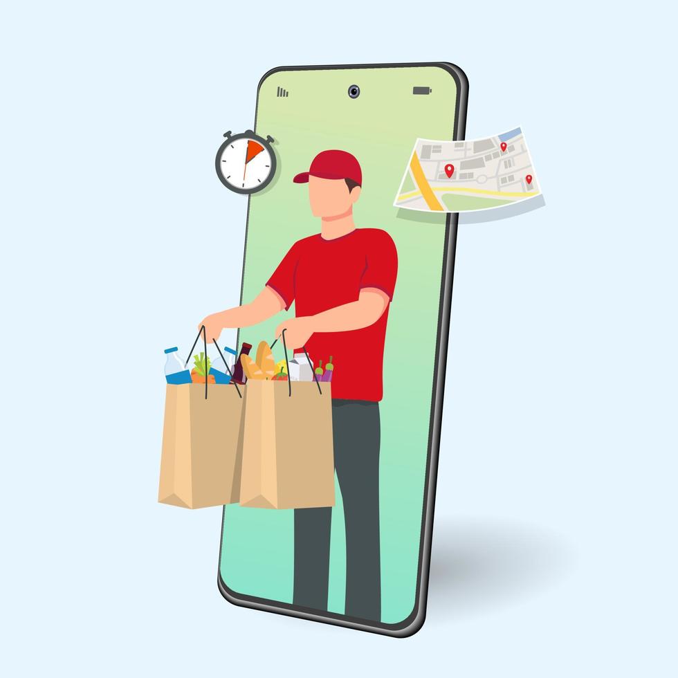 Online food delivery design. Young courier delivering food order. Cartoon vector illustration.