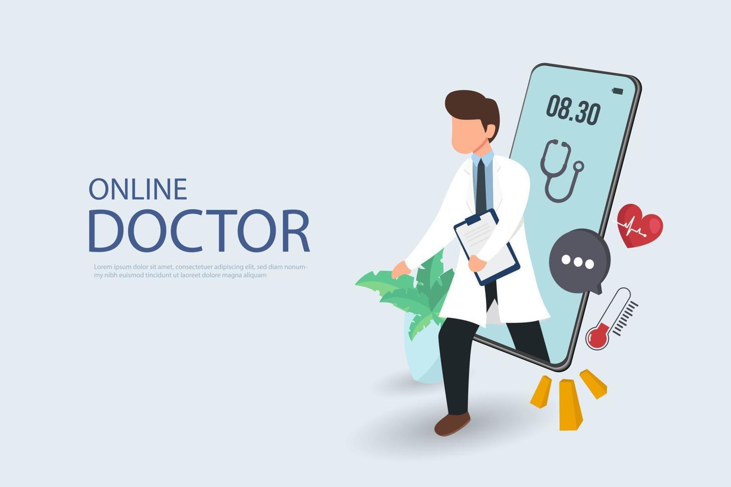 Patient meeting a professional doctor online on a smartphone and shaking hands, online medical consultation concept vector